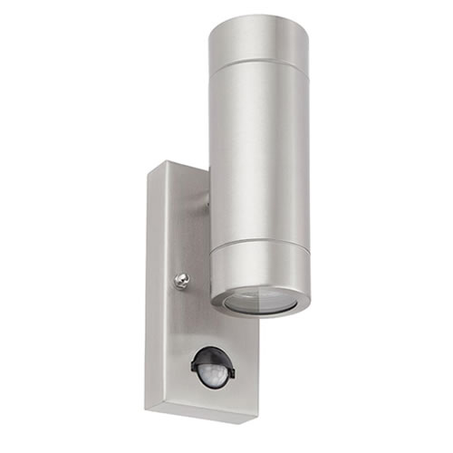 Saxby Palin Brushed Stainless Steel IP44 GU10 Up & Down Wall Light with PIR Sensor 75430