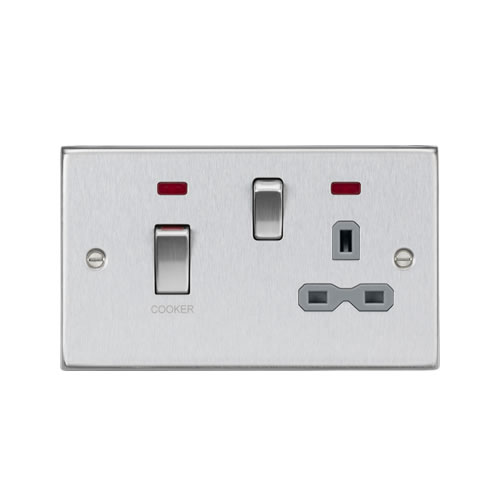 Knightsbridge Brushed Chrome 45A Double Pole Switch with 13A Switched Socket with Neons CS83MNBCG