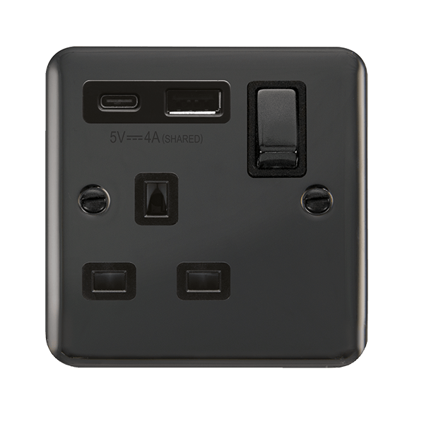 Click Deco Plus Black Nickel 1 Gang 13A Single Switched Socket with Type A and C USB DPBN585BK