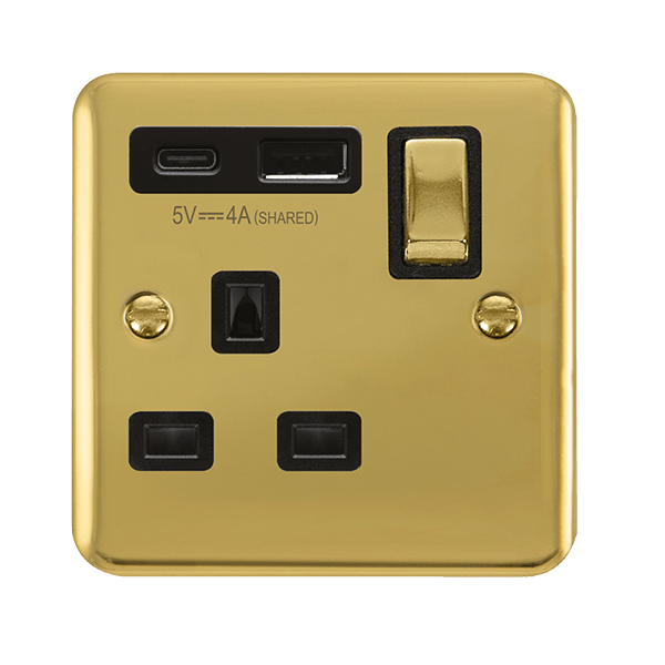 Click Deco Plus Polished Brass 1 Gang 13A Single Switched Socket with Type A and C USB DPBR585BK