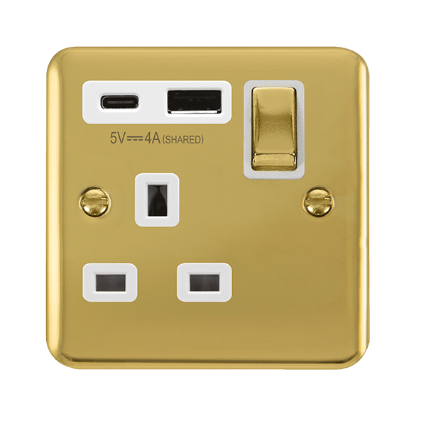 Click Deco Plus Polished Brass 1 Gang 13A Single Switched Socket with Type A and C USB DPBR585WH