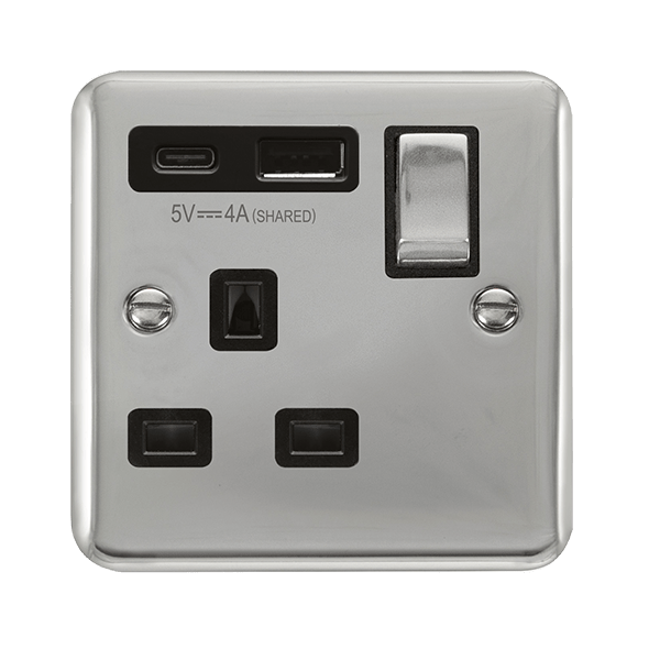 Click Deco Plus Polished Chrome 1 Gang 13A Single Switched Socket with Type A and C USB DPCH585BK
