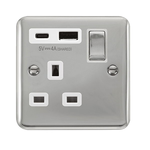 Click Deco Plus Polished Chrome 1 Gang 13A Single Switched Socket with Type A and C USB DPCH585WH