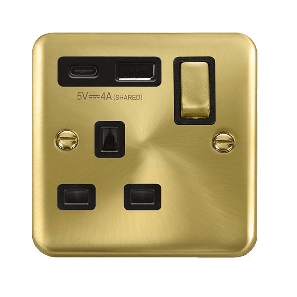Click Deco Plus Satin Brass 1 Gang 13A Single Switched Socket with Type A and C USB DPSB585BK