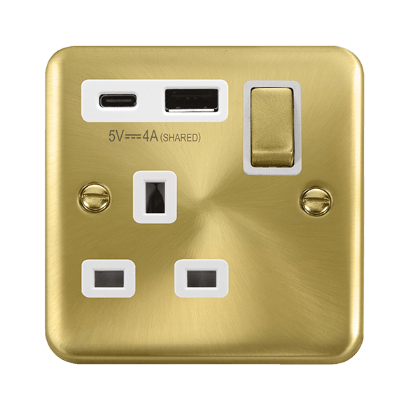 Click Deco Plus Satin Brass 1 Gang 13A Single Switched Socket with Type A and C USB DPSB585WH