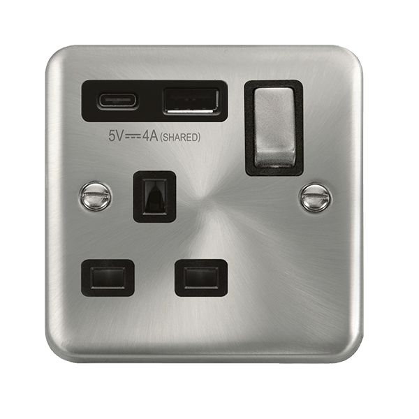 Click Deco Plus Satin Chrome 1 Gang 13A Single Switched Socket with Type A and C USB DPSC585BK
