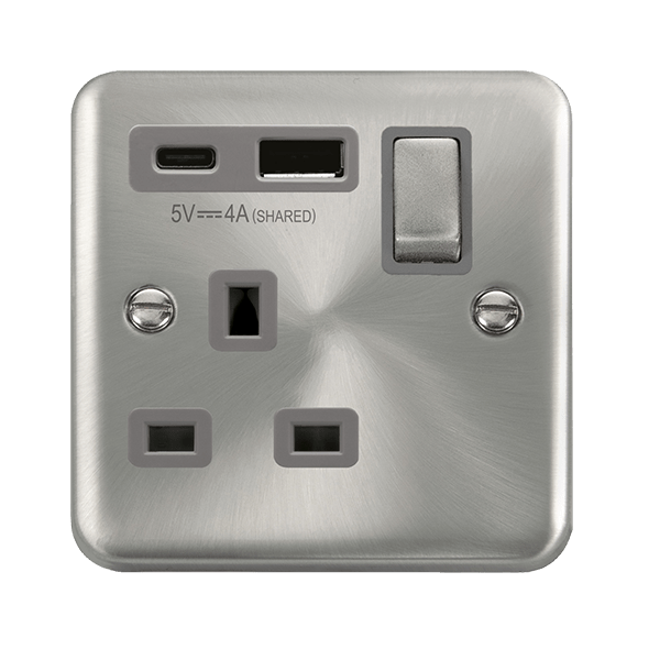 Click Deco Plus Satin Chrome 1 Gang 13A Single Switched Socket with Type A and C USB DPSC585GY