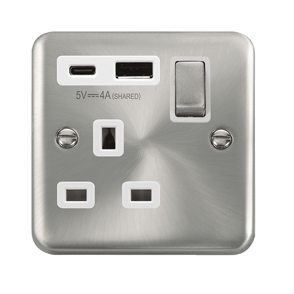Click Deco Plus Satin Chrome 1 Gang 13A Single Switched Socket with Type A and C USB DPSC585WH