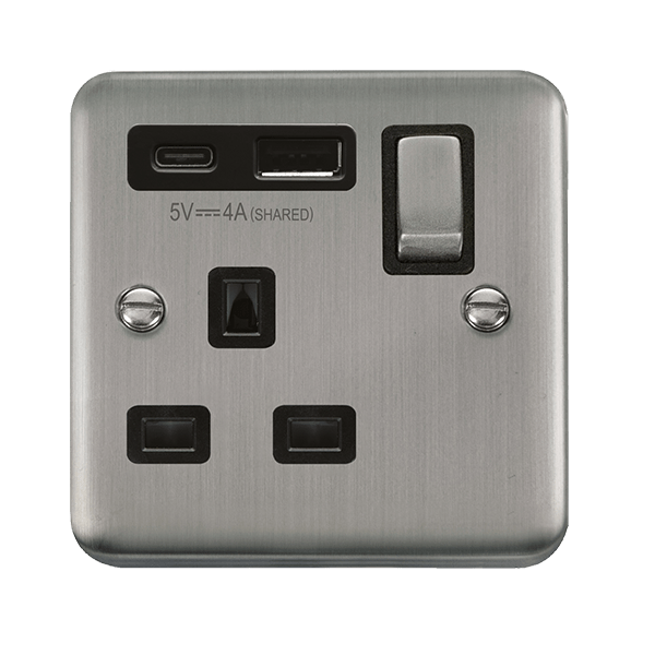 Click Deco Plus Stainless Steel 1 Gang 13A Single Switched Socket with Type A and C USB DPSS585BK