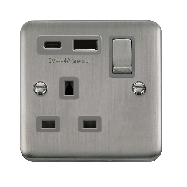 Click Deco Plus Stainless Steel 1 Gang 13A Single Switched Socket with Type A and C USB DPSS585GY