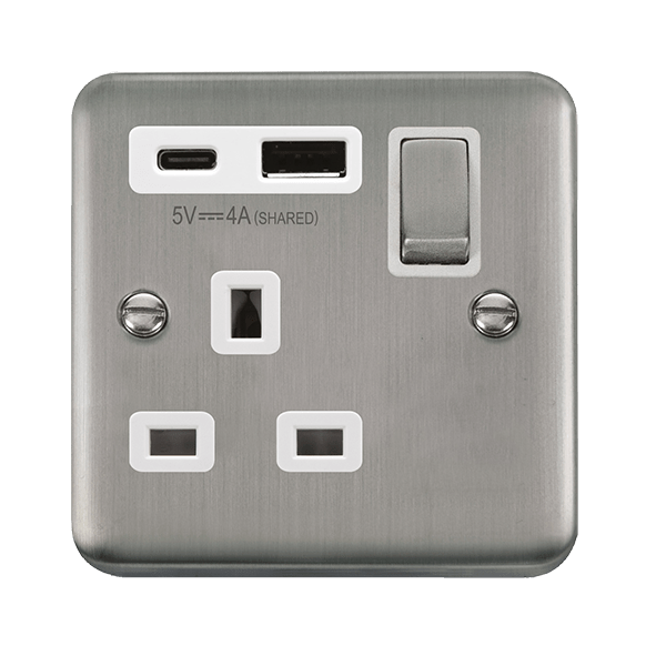 Click Deco Plus Stainless Steel 1 Gang 13A Single Switched Socket with Type A and C USB DPSS585WH