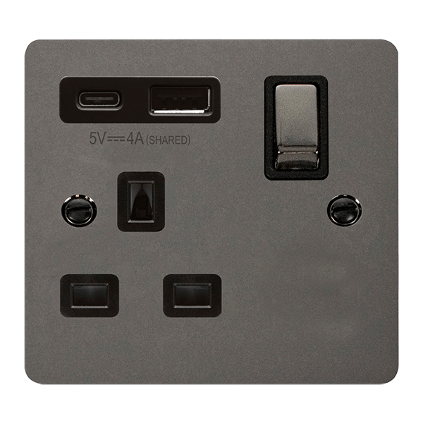 Click Define Black Nickel 1 Gang 13A Single Switched Socket with Type A and C USB FPBN585BK