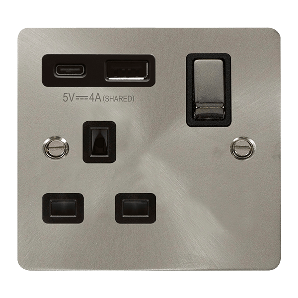 Click Define Brushed Steel 1 Gang 13A Single Switched Socket with Type A and C USB FPBS585BK