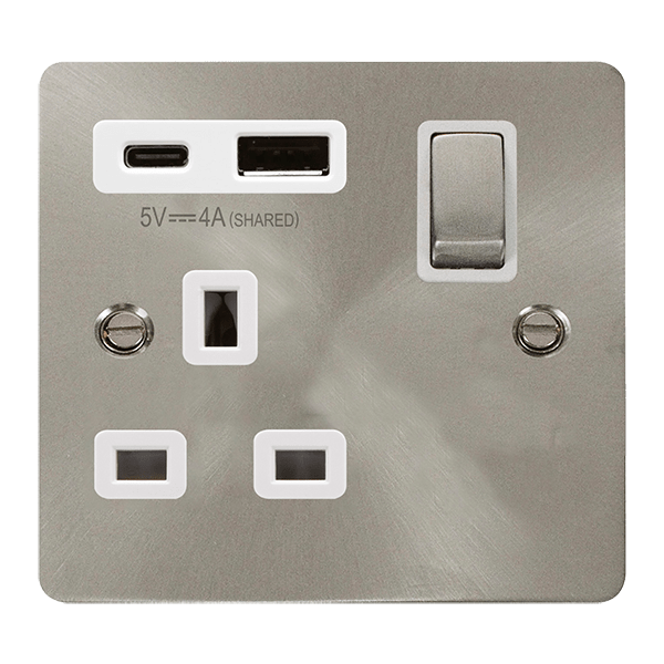 Click Define Brushed Steel 1 Gang 13A Single Switched Socket with Type A and C USB FPBS585WH