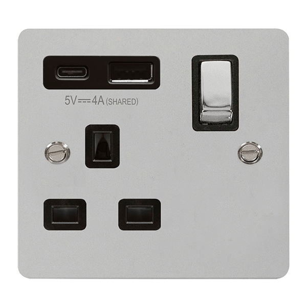 Click Define Polished Chrome 1 Gang 13A Single Switched Socket with Type A and C USB FPCH585BK