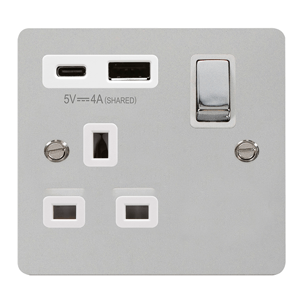 Click Define Polished Chrome 1 Gang 13A Single Switched Socket with Type A and C USB FPCH585WH