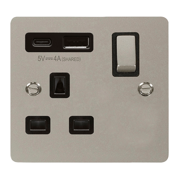 Click Define Pearl Nickel 1 Gang 13A Single Switched Socket with Type A and C USB FPPN585BK