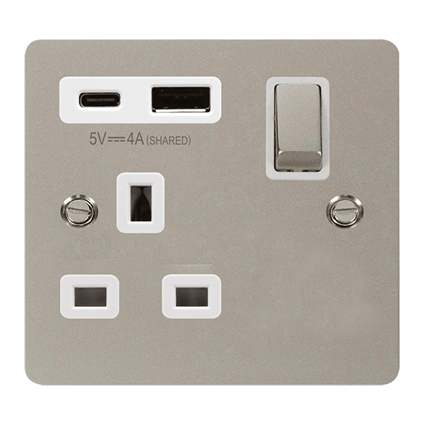 Click Define Pearl Nickel 1 Gang 13A Single Switched Socket with Type A and C USB FPPN585WH