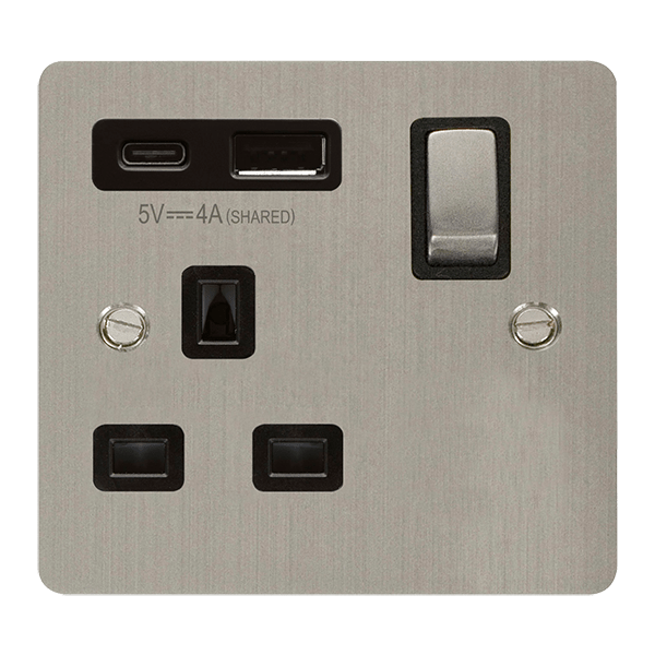 Click Define Stainless Steel 1 Gang 13A Single Switched Socket with Type A and C USB FPSS585BK