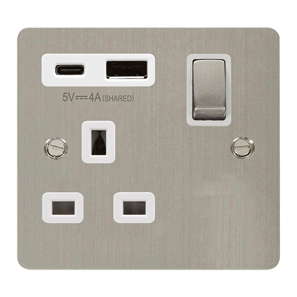 Click Define Stainless Steel 1 Gang 13A Single Switched Socket with Type A and C USB FPSS585WH