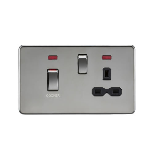 Knightsbridge Screwless Flat Plate Black Nickel 45A Double Pole Switch with 13A Switched Socket with Neons SFR83MNBN