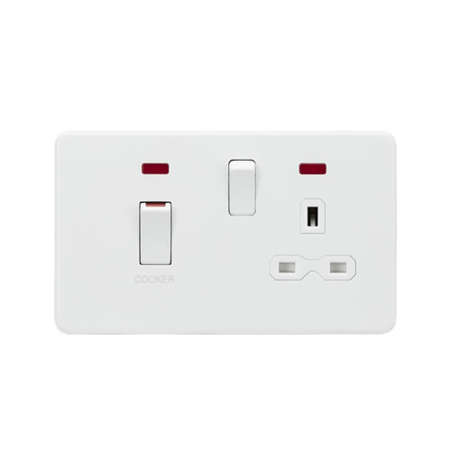 Knightsbridge Screwless Flat Plate Matt White 45A Double Pole Switch with 13A Switched Socket with Neons SFR83MNMW
