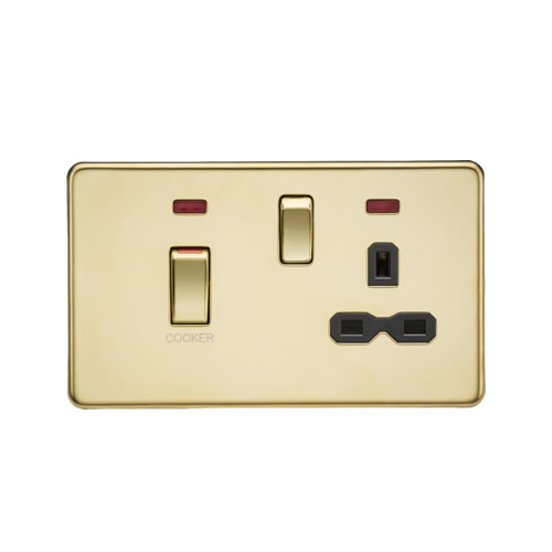 Knightsbridge Screwless Flat Plate Polished Brass 45A Double Pole Switch with 13A Switched Socket with Neons SFR83MNPB