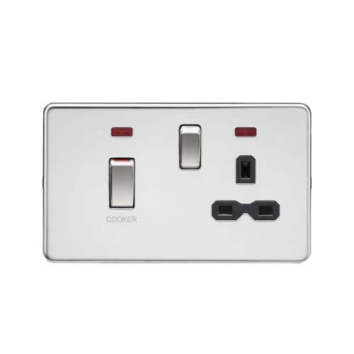 Knightsbridge Screwless Flat Plate Polished Chrome 45A Double Pole Switch with 13A Switched Socket with Neons and Black Insert SFR83MNPC