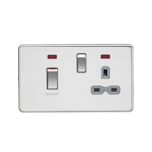Knightsbridge Screwless Flat Plate Polished Chrome 45A Double Pole Switch with 13A Switched Socket with Neons and Grey Insert SFR83MNPCG