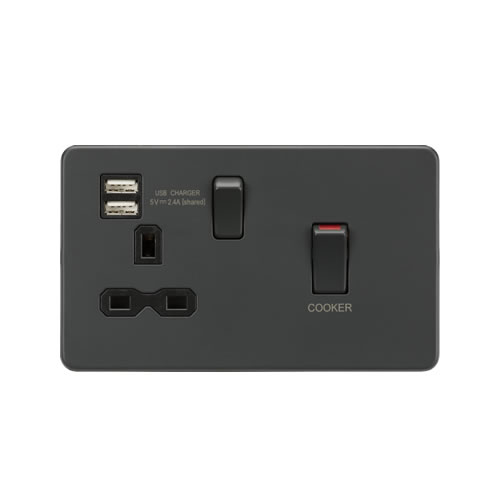 Knightsbridge Screwless Flat Plate Anthracite 45A Double Pole Switch with Dual USB + 13A Switched Socket with Neons SFR83UMAT
