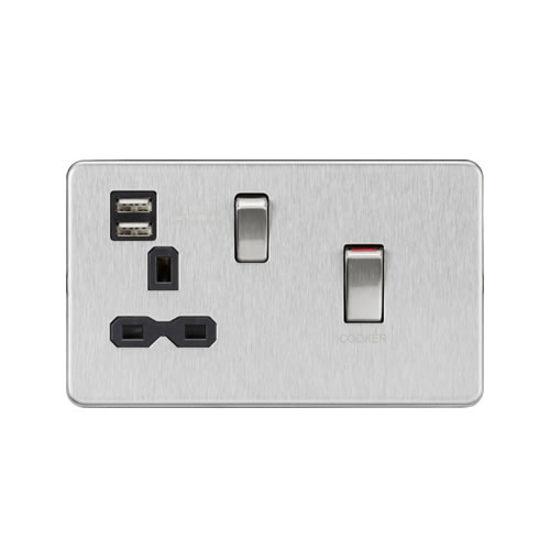 Knightsbridge Screwless Flat Plate Brushed Chrome 45A Double Pole Switch with Dual USB 13A Switched Socket with Neons SFR83UMBC