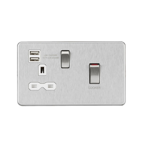 Knightsbridge Screwless Flat Plate Brushed Chrome 45A Double Pole Switch with Dual USB 13A Switched Socket with Neons SFR83UMBCW