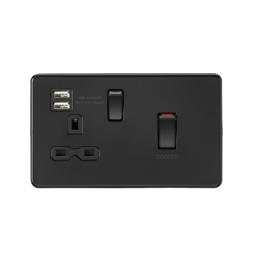 Knightsbridge Screwless Flat Plate Matt Black 45A Double Pole Switch with Dual USB + 13A Switched Socket with Neons SFR83UMMBB
