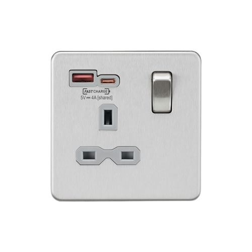 Knightsbridge Screwless Flat Plate Brushed Chrome 13A Dual USB Type A & C FastCharge Single Switched Socket SFR9919BCG