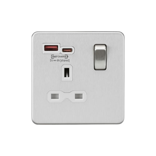 Knightsbridge Screwless Flat Plate Brushed Chrome 13A Dual USB Type A & C FastCharge Single Switched Socket SFR9919BCW