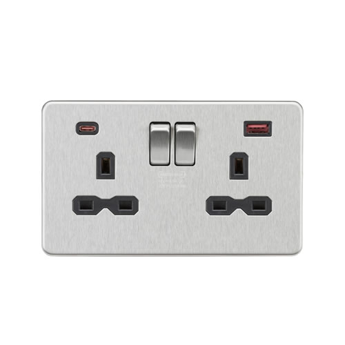 Knightsbridge Screwless Flat Plate Brushed Chrome 13A 2 Gang DP Switched Socket with Dual USB A+C 45W FASTCHARGE SFR9945BC