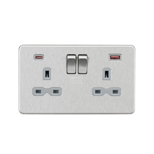 Knightsbridge Screwless Flat Plate Brushed Chrome 13A 2 Gang DP Switched Socket with Dual USB A+C 45W FASTCHARGE SFR9945BCG