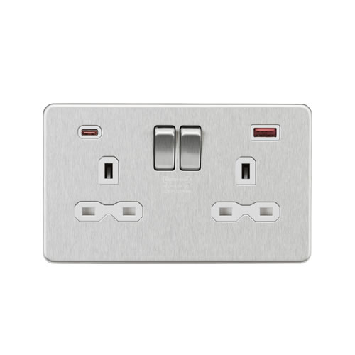 Knightsbridge Screwless Flat Plate Brushed Chrome 13A 2 Gang DP Switched Socket with Dual USB A+C 45W FASTCHARGE SFR9945BCW