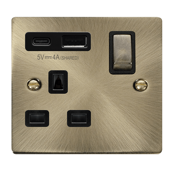 Click Deco Antique Brass 1 Gang 13A Single Switched Socket with Type A and C USB VPAB585BK