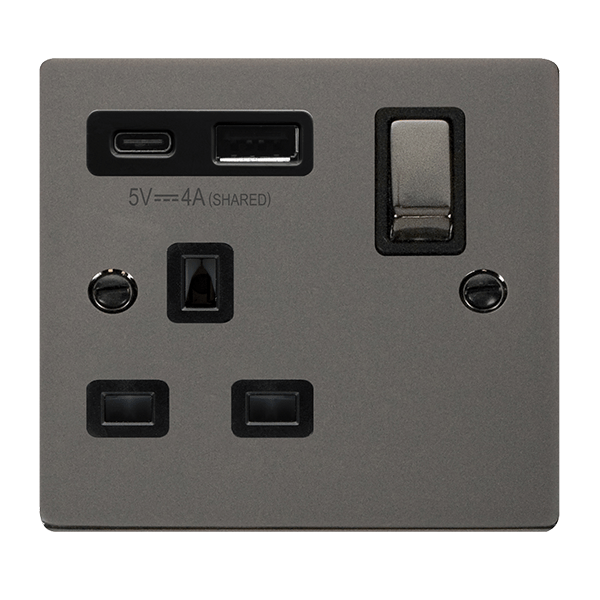 Click Deco Black Nickel 1 Gang 13A Single Switched Socket with Type A and C USB VPBN585BK