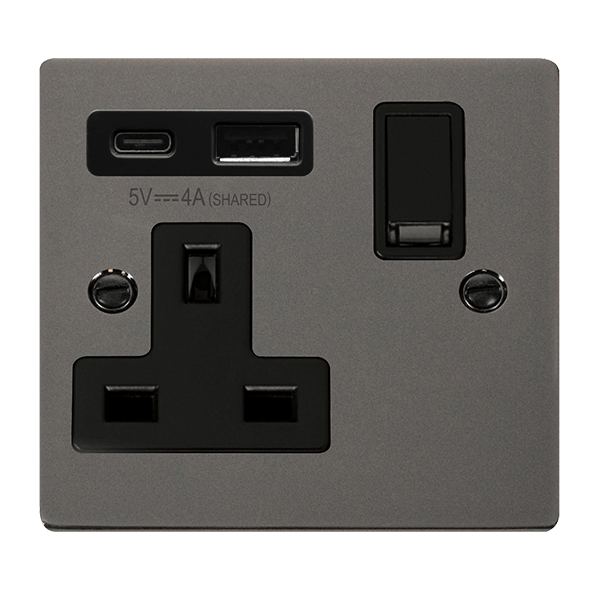 Click Deco Black Nickel 1 Gang 13A Single Switched Socket with Type A and C USB VPBN785BK