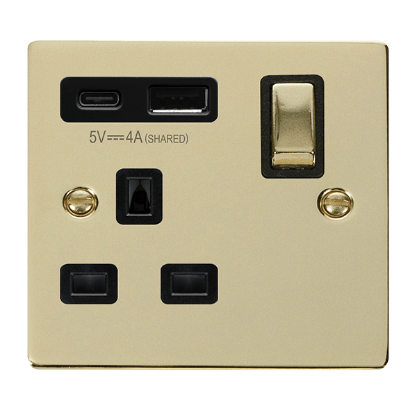 Click Deco Polished Brass 1 Gang 13A Single Switched Socket with Type A and C USB VPBR585BK