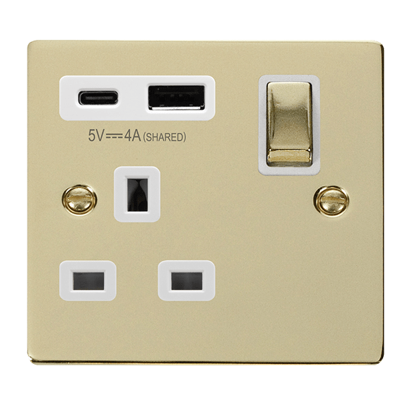 Click Deco Polished Brass 1 Gang 13A Single Switched Socket with Type A and C USB VPBR585WH
