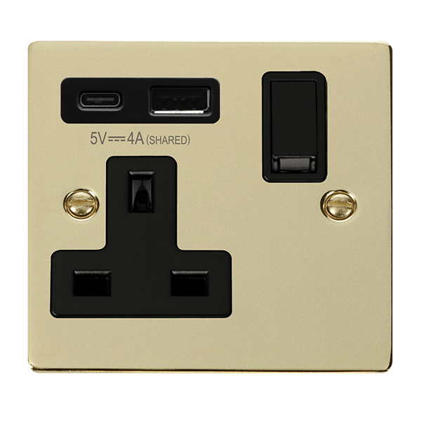 Click Deco Polished Brass 1 Gang 13A Single Switched Socket with Type A and C USB VPBR785BK