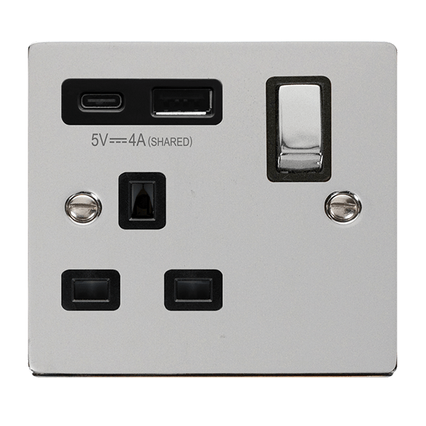 Click Deco Polished Chrome 1 Gang 13A Single Switched Socket with Type A and C USB VPCH585BK