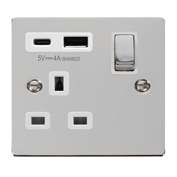 Click Deco Polished Chrome 1 Gang 13A Single Switched Socket with Type A and C USB VPCH585WH