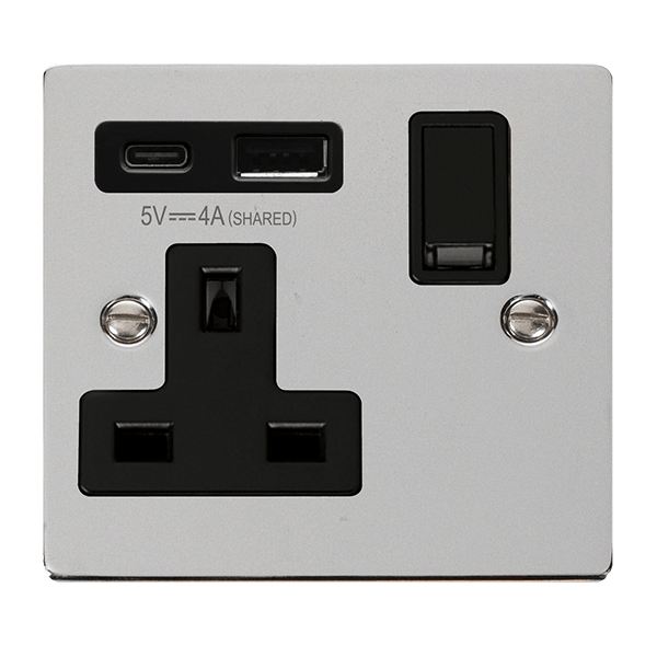Click Deco Polished Chrome 1 Gang 13A Single Switched Socket with Type A and C USB VPCH785BK