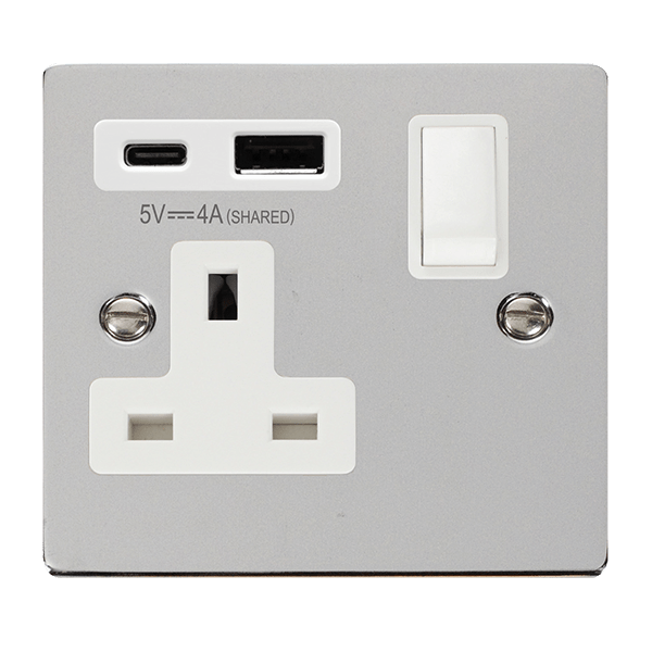 Click Deco Polished Chrome 1 Gang 13A Single Switched Socket with Type A and C USB VPCH785WH