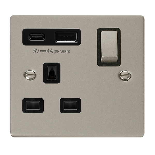 Click Deco Pearl Nickel 1 Gang 13A Single Switched Socket with Type A and C USB VPPN585BK