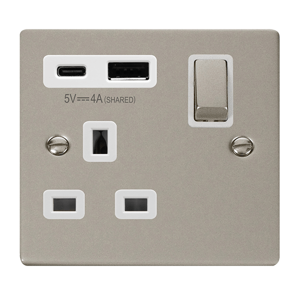Click Deco Pearl Nickel 1 Gang 13A Single Switched Socket with Type A and C USB VPPN585WH